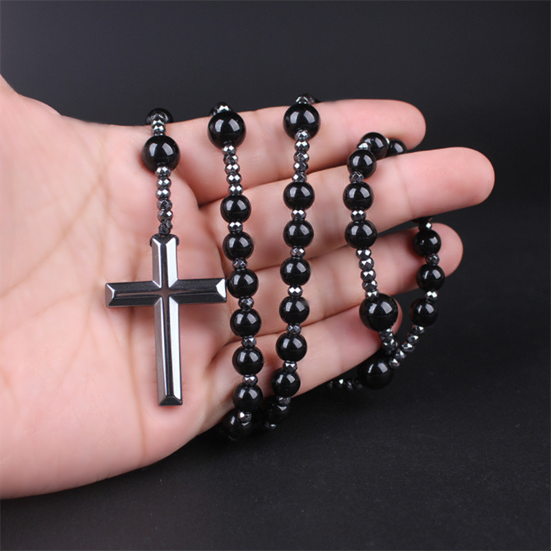 Catholic Black Natural Stone & Hematite Beads Rosary Necklace with Cross Pendant