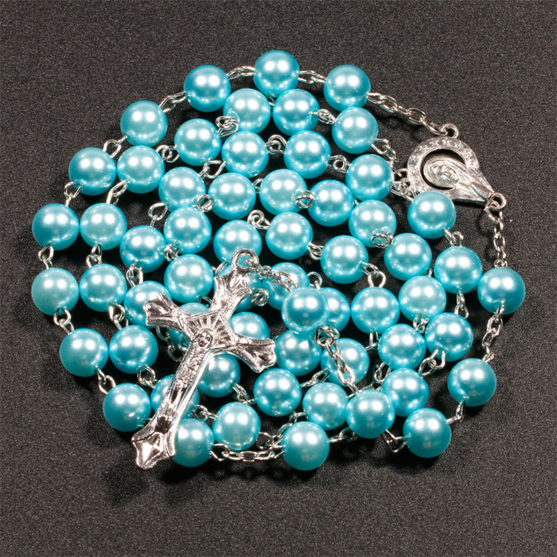 Blue Pearl Beads Rosary Necklace