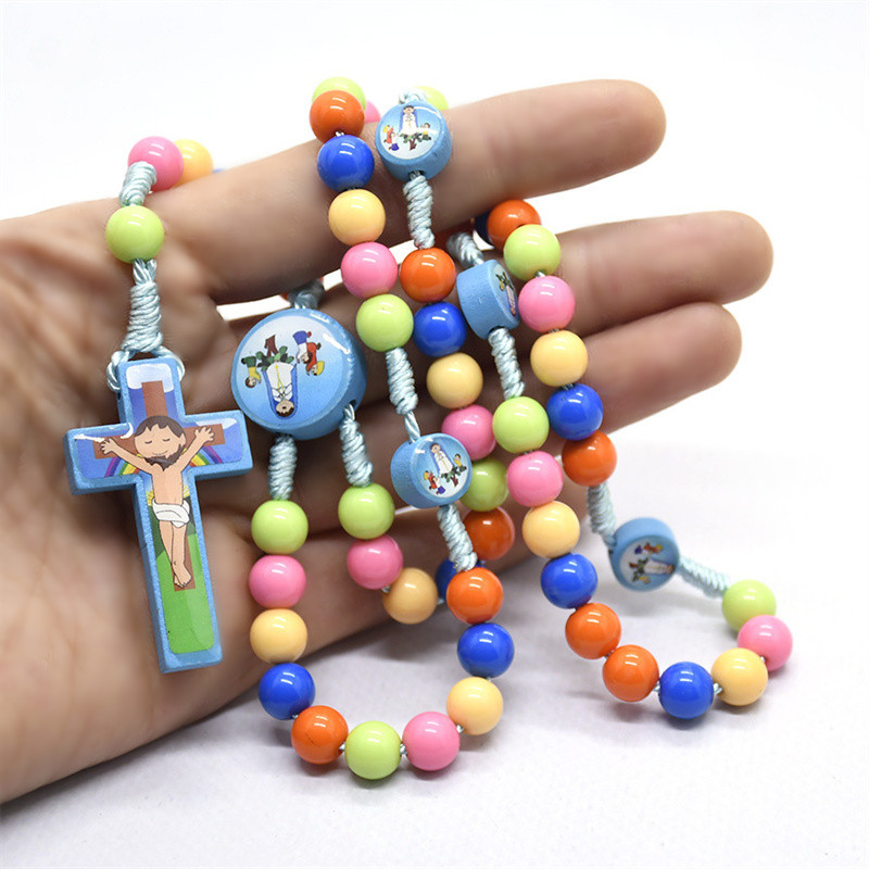 Child Colored Beads Saints Rosary Necklace