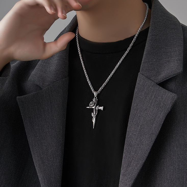 Titanium Steel Rose Cross Pendnat Necklace 