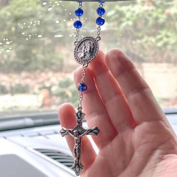 Blue Crystal Lourdes Water Auto Rosary