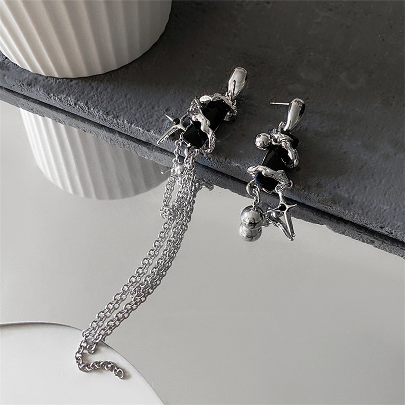 Silver Black Zircon Star Fringe Cuff Earrings for Women Girls 