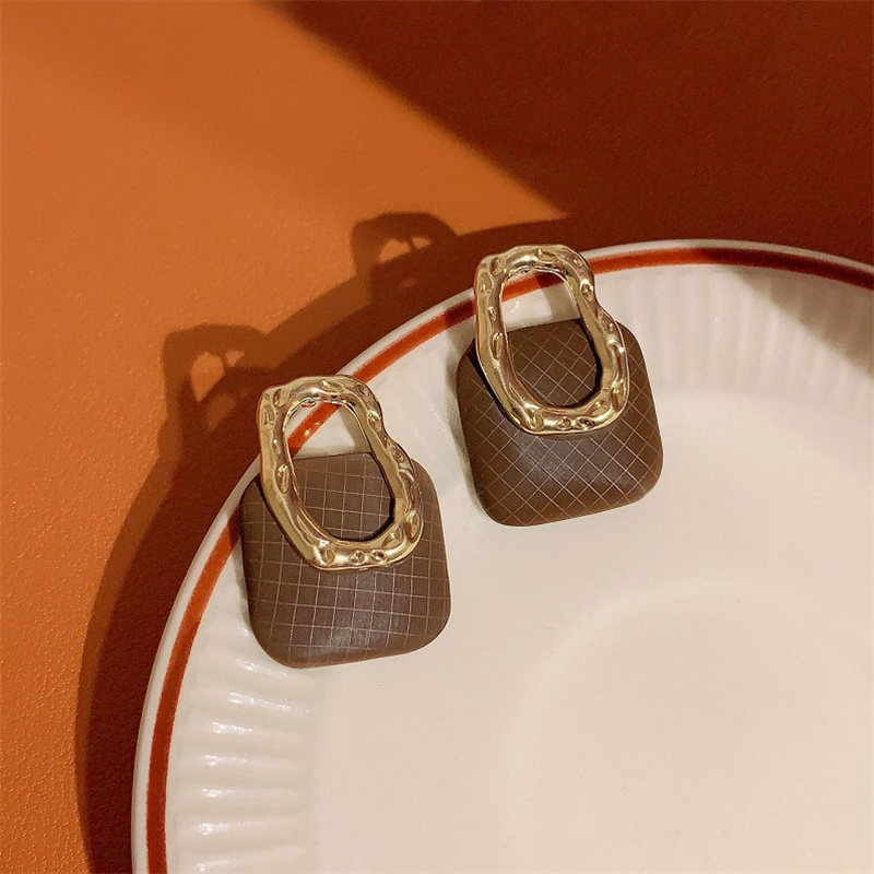 Irregular Metal Square PU Stud Earrings