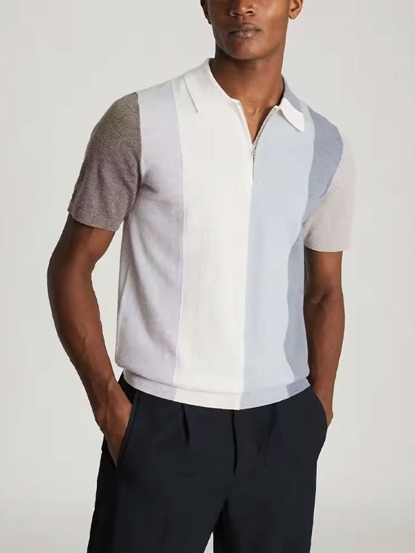 Zipper Lapel Contrast Color Casual Polo Shirt