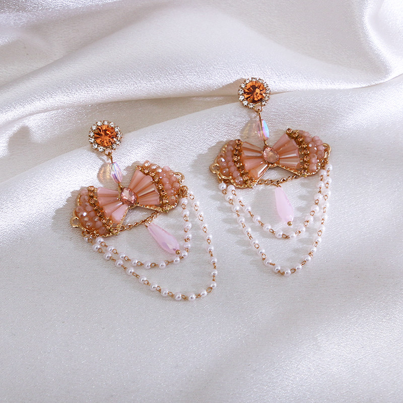 Crystal rice bead tassel chain earrings | tassel chain earrings | chain earrings