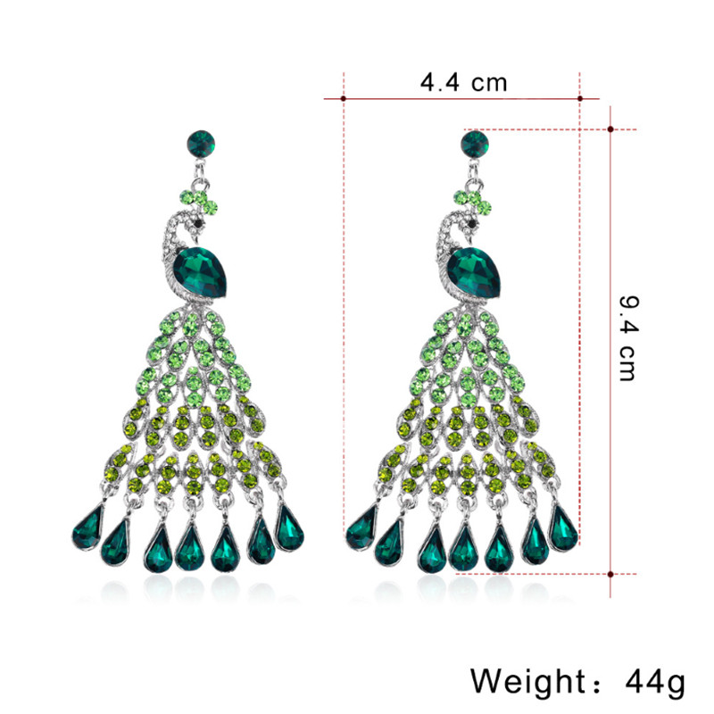 Green Diamond Peacock Earrings in Silver