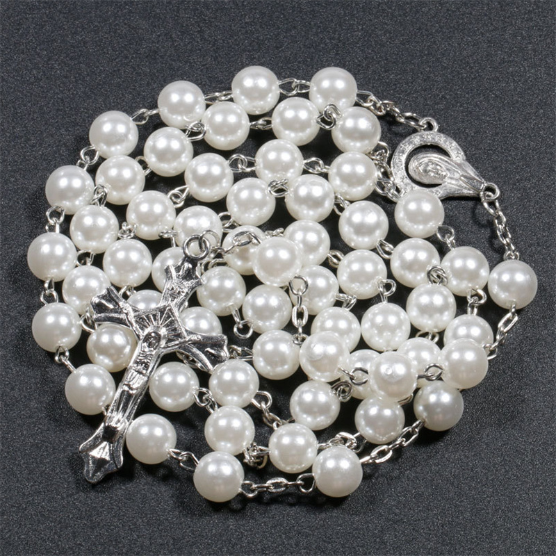 White Glass Pearl Rosary Beads Necklace