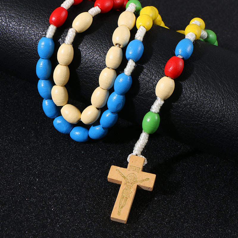 Child Cross Wood Beads Rosary Necklace