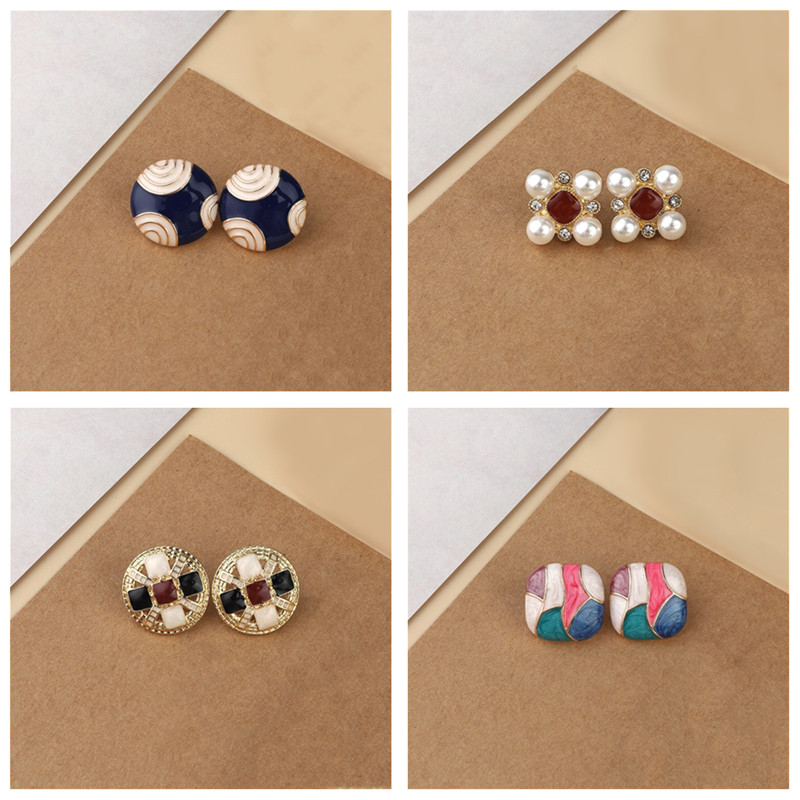 Vintage Square Circle Pearl Stud Earrings for girls