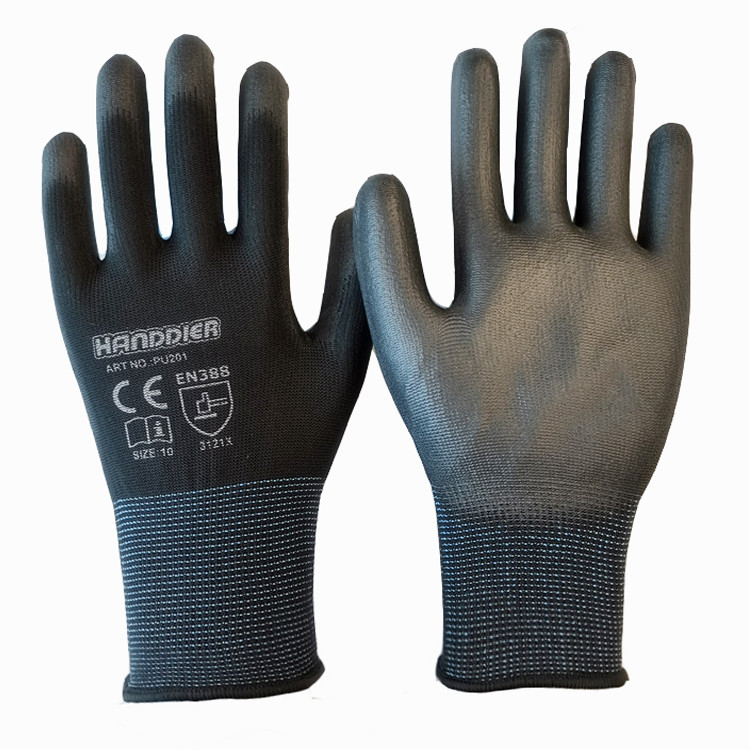 13G polyester glove black PU palm coated 