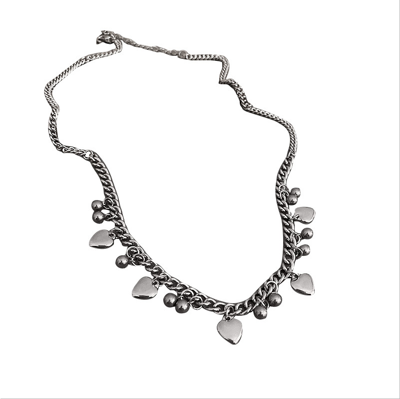 Silver Chain Necklace with Hearts and Beads Charms