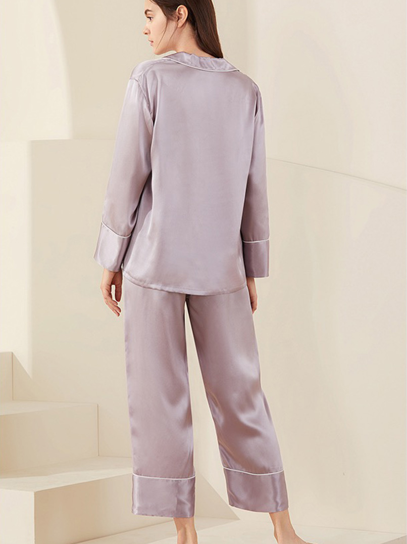 Pure Colour Short Style With Oblique V-Neck | Classic Silk Pajama Set | V-Neck Silk Pajama