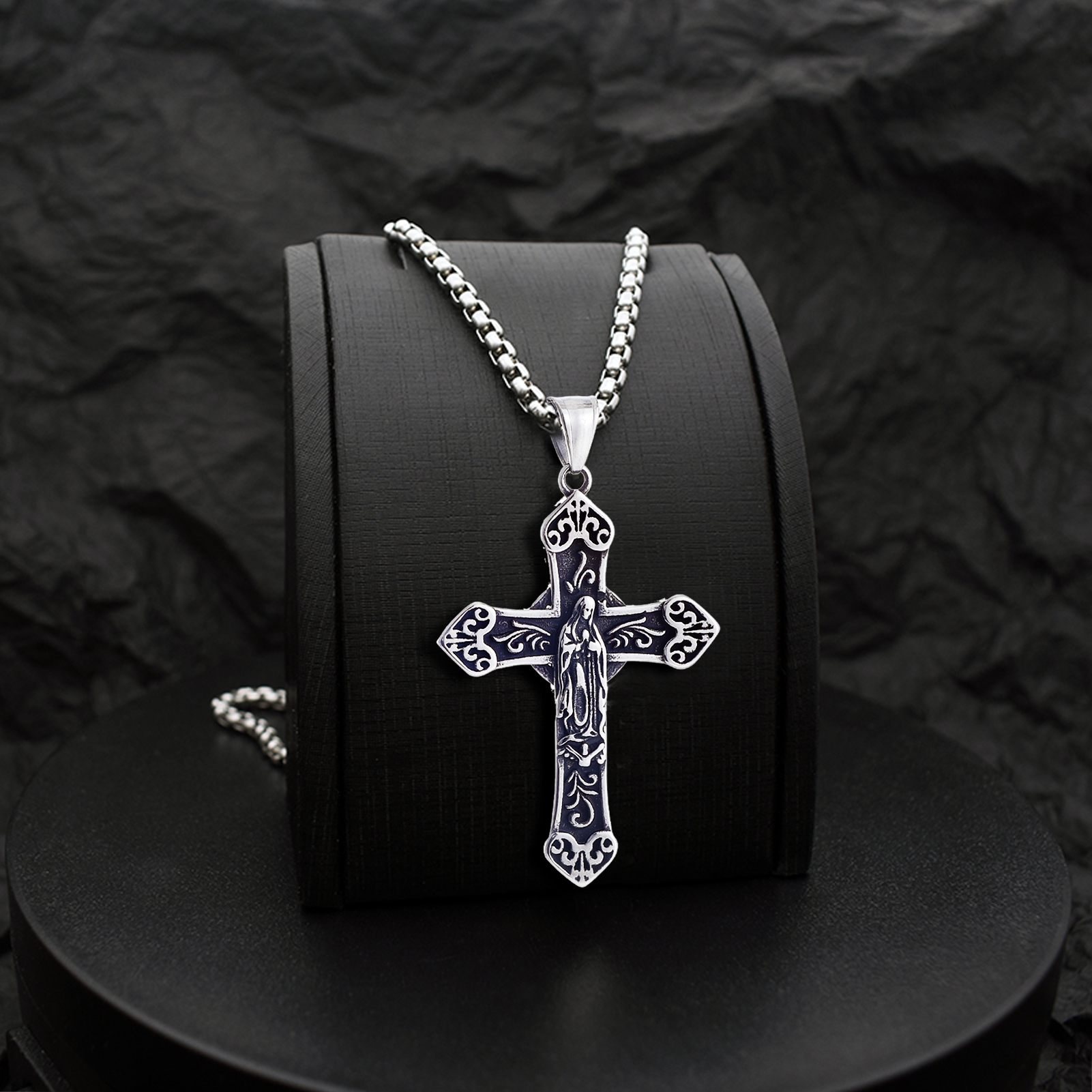 Stainless Steel Religious Catholic Virgin Mary Cross Pendant Necklace