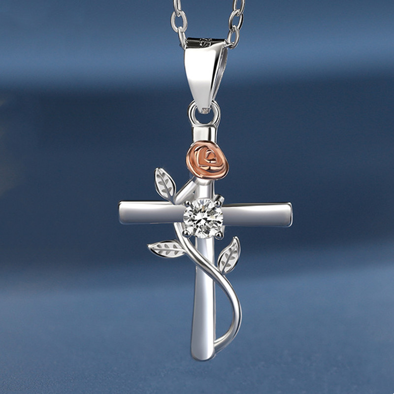 Steriling Silver Rose Cross Necklace