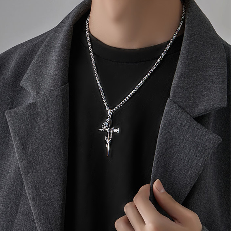 Men Titanium Steel Rose Cross Pendant Necklace