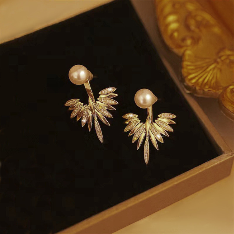 Pearl Studs and CZ Feather Wings Earrings in Gold Tone