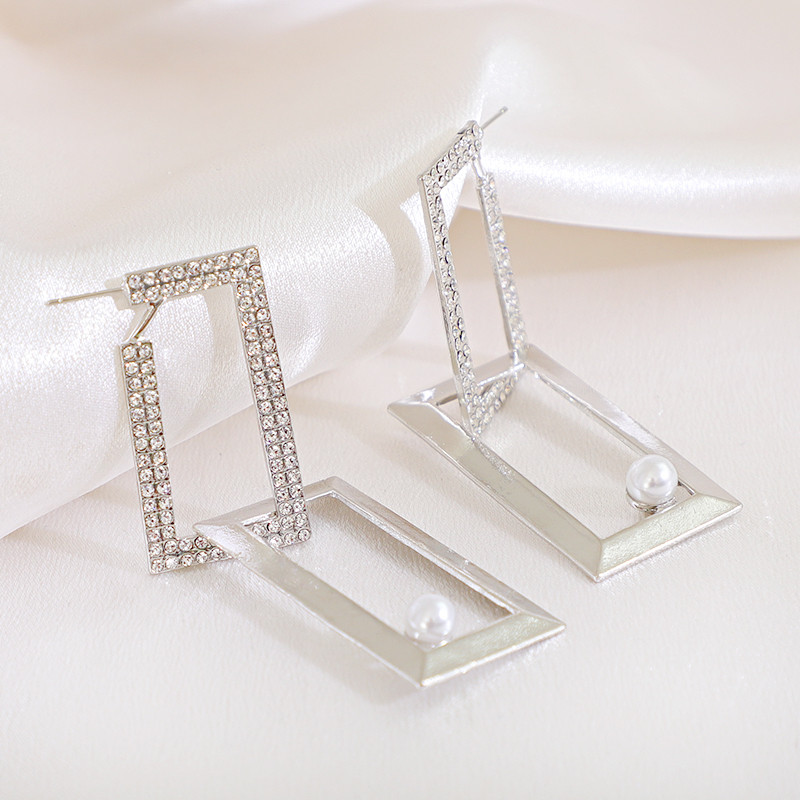 Personality Square Silver Earrings | Inlaid Pearl Earrings | Trendy Earrings