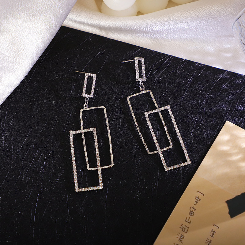 Silver Needle Diamond Earrings | Rectangular Earrings | Temperament Earrings