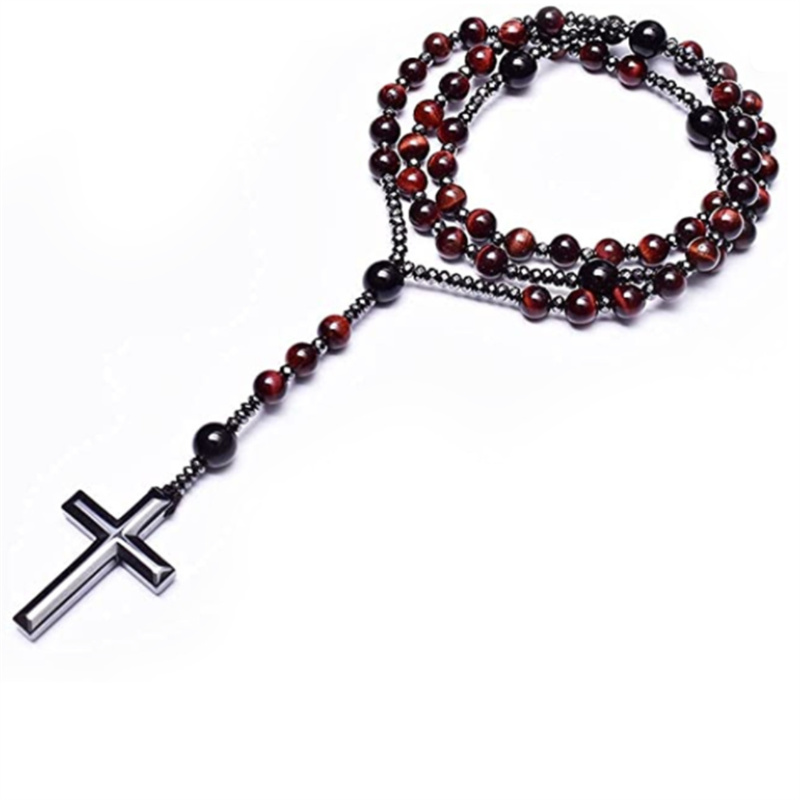 Cross Necklace Hematite and Gemstone Beads Rosary