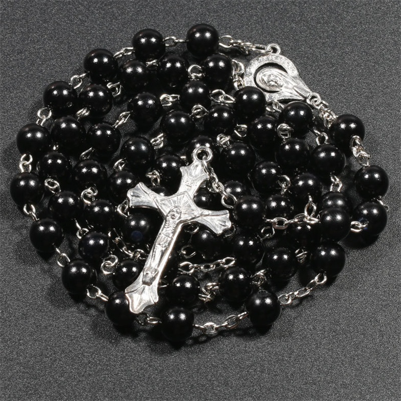 Black Beads Rosary Cross Necklace
