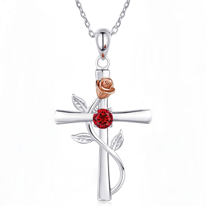Cubic Zirconia Rose Cross Necklace