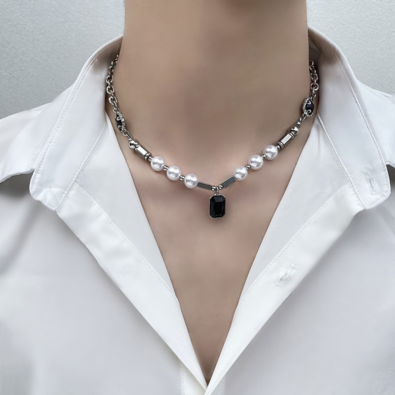 Womens Titanium Steel Pearl Necklace Black Gem Pendant 