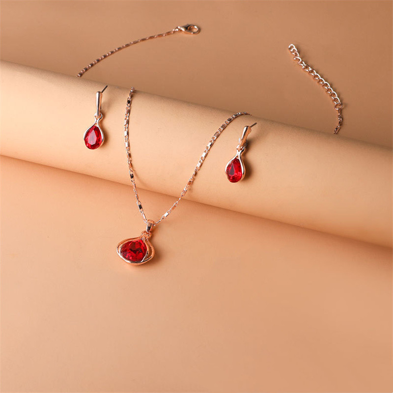 Red Crystal Drop Pendant Necklace Earrings Jewelry Sets