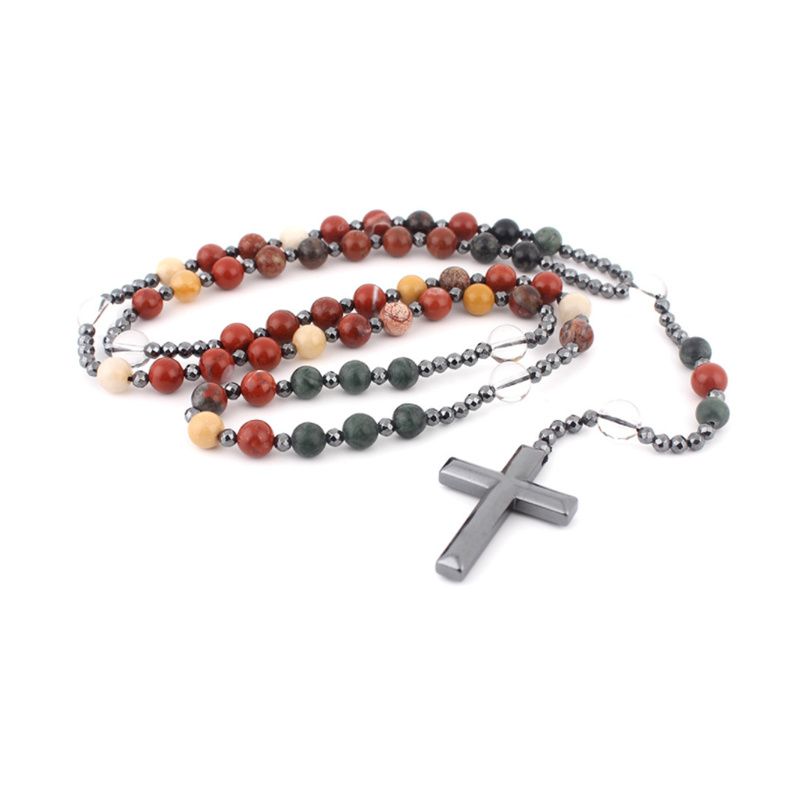 Gemstone Rosary Beads Cross Necklace