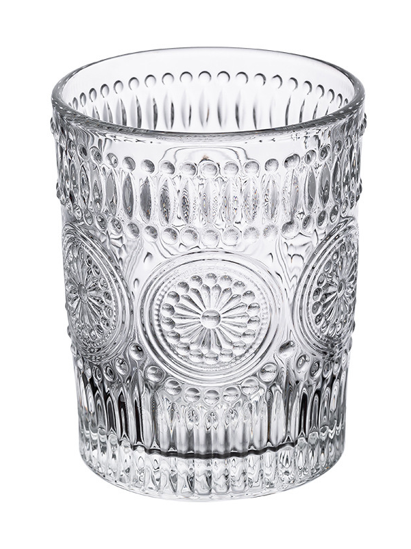 Embossed gold-rimmed glass cup