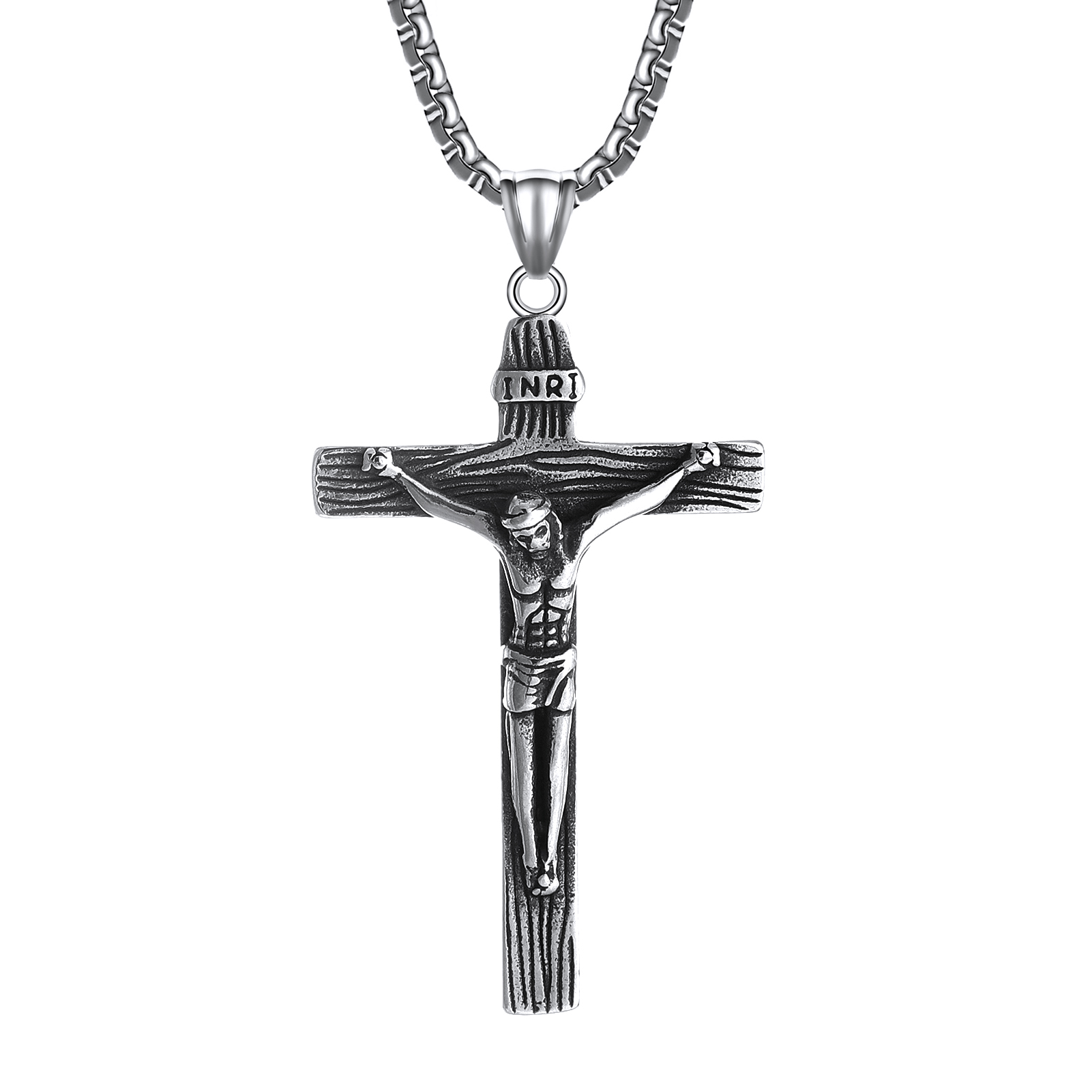 Men Crucifix Cross Pendant with 24 Chain Baptism Christian Religious Jewelry Stainless Steel Antique Silver Jesus Necklace Gift Package