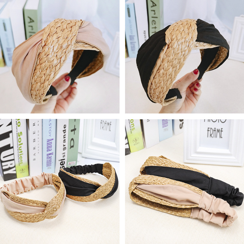Double color stitching lafite grass cloth art hair band
