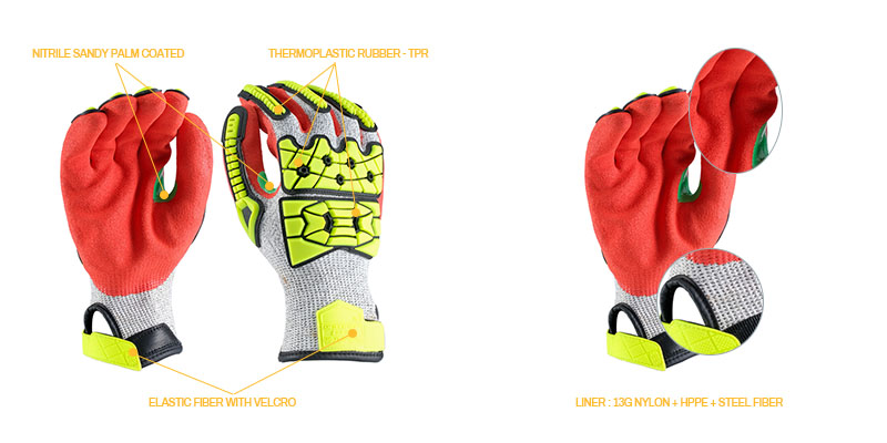 13G anti-impact gloves | Nitrile sandy coated gloves | 13G steel fiber gloves