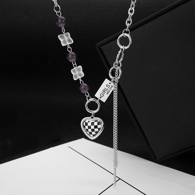 Enamel Chessboard heart necklace