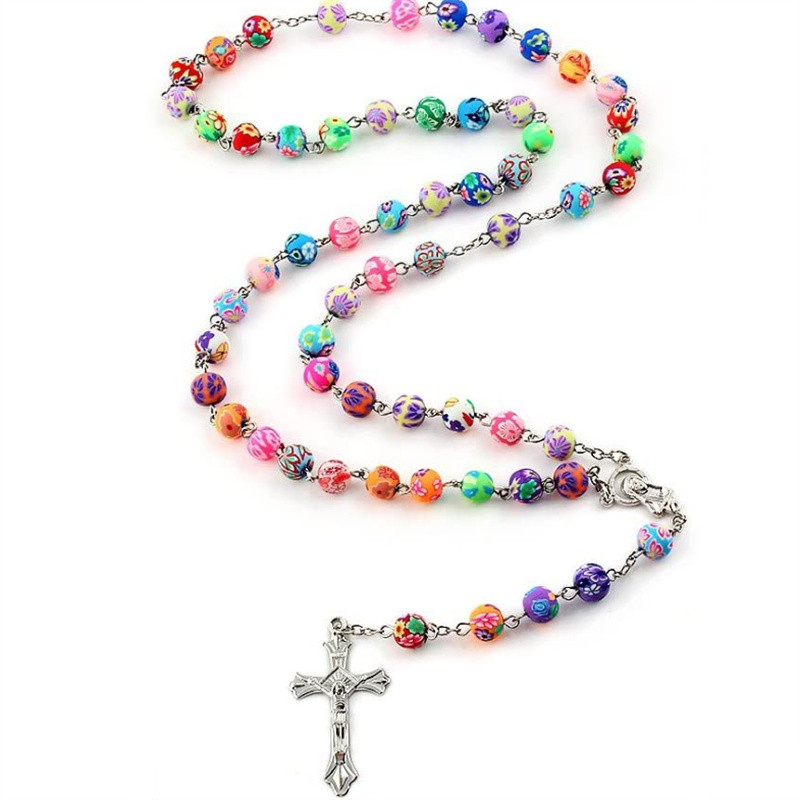 Colorful Clay Rosary Beads Y Prayer Necklace