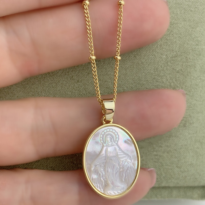 Large Oval Virgin Mary Pendant Necklace