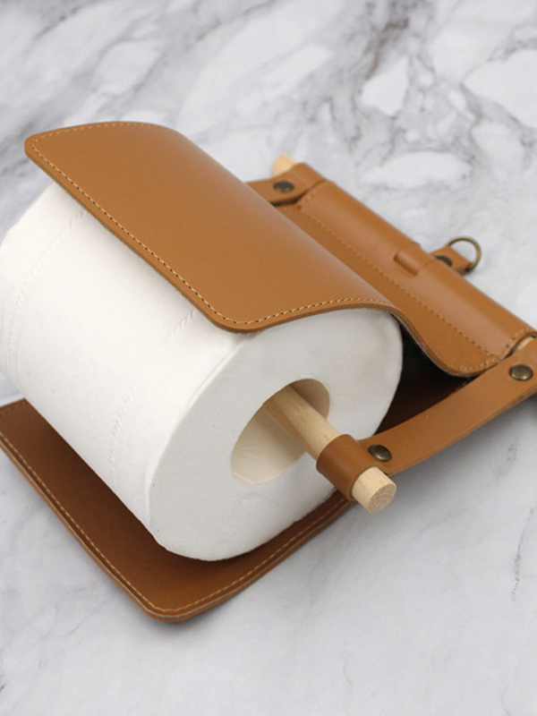 Wooden stick leather paper towel holder