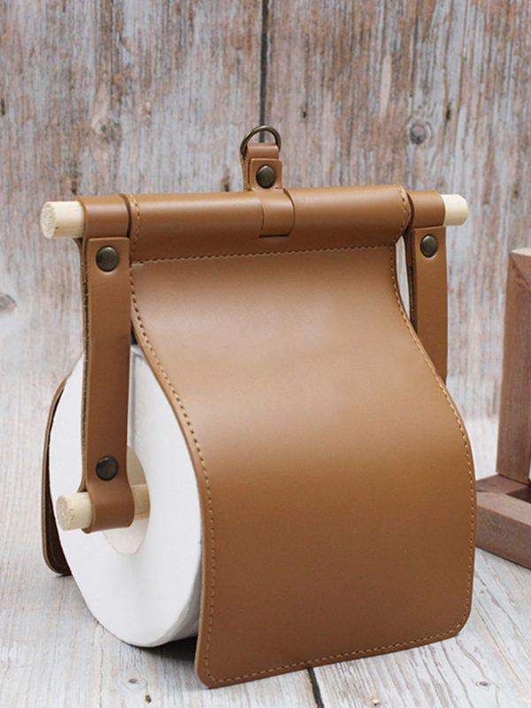 Wooden stick leather paper towel holder
