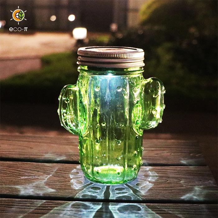 Outdoor solar cactus glass jar light