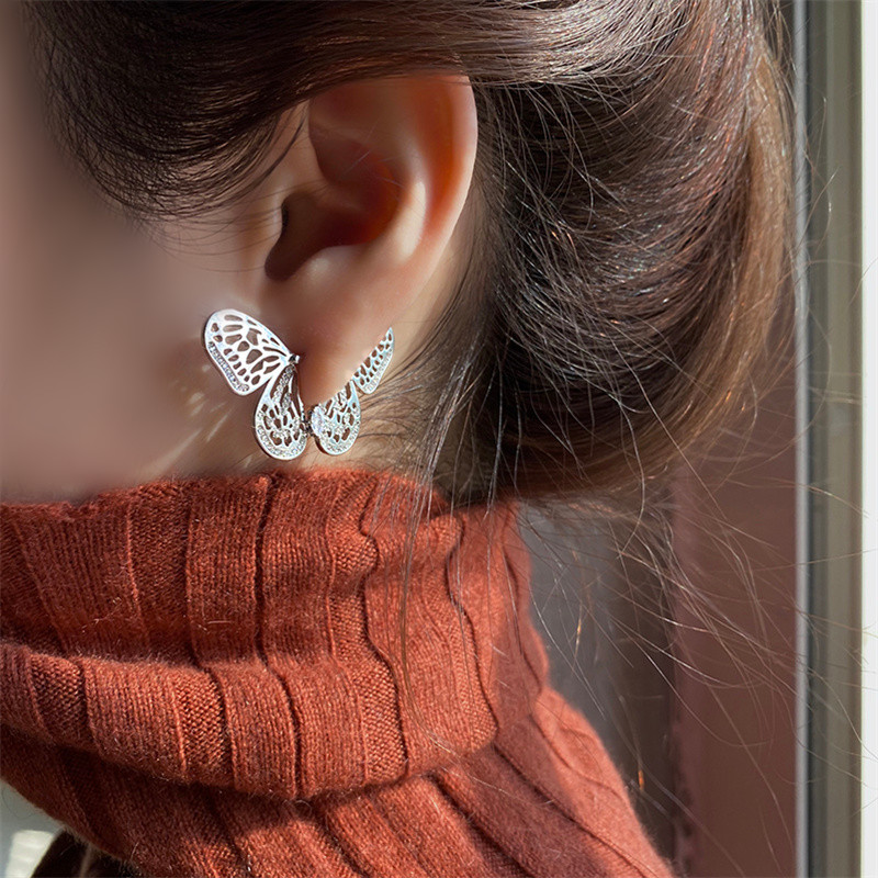 Womens Silver CZ cute butterfly Earrings Studs