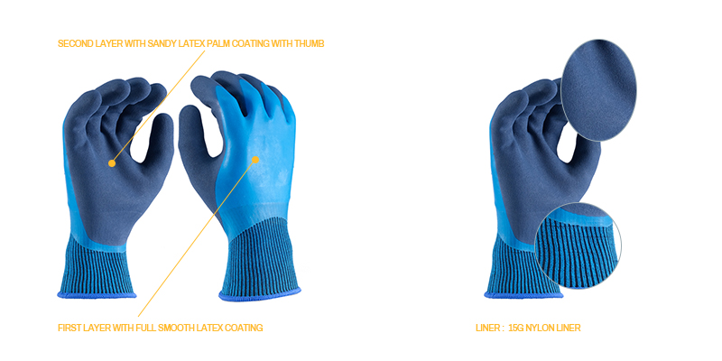15G nylon liner gloves | Double latex coated gloves | Water proof gloves