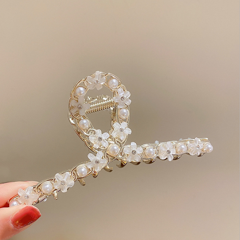 Large Hair Claw Clips Inlaid Diamond Pearl Flower Barrettes Nonslip Claw Hair Jaw Clips Clamp Grips Strong Hold Hairpin Fashion Hair Accessories In Gold for Women Girls Metal Big Hair Clip Gift