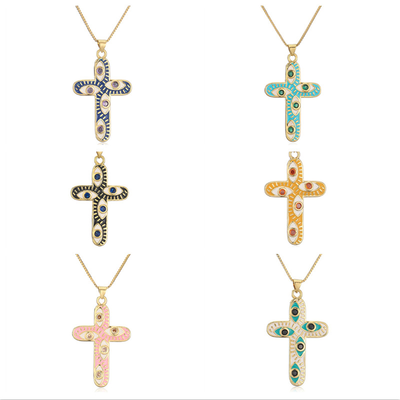 Evil Eye Cross Necklace for Women with CZ and Enamel