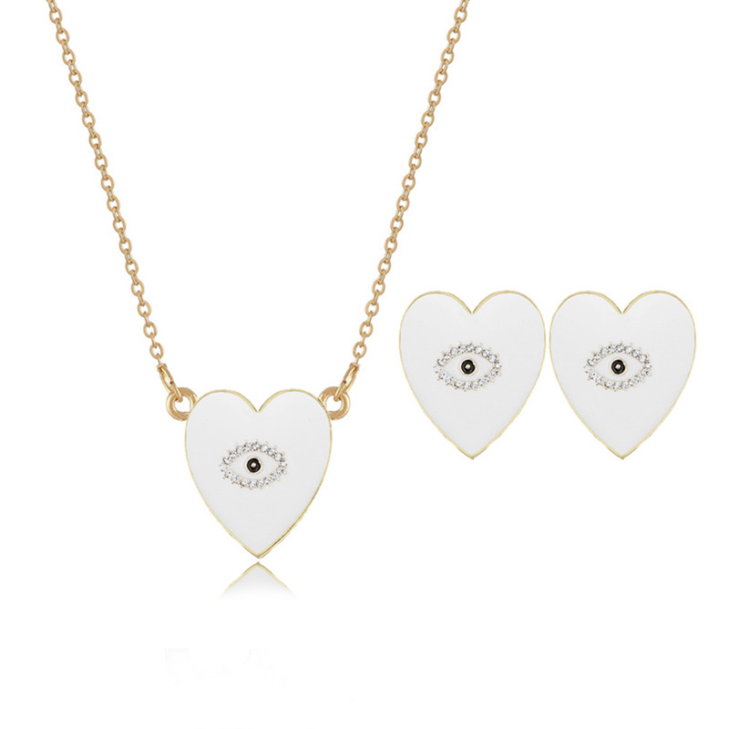 white enamel heart evil eyes jewelry set