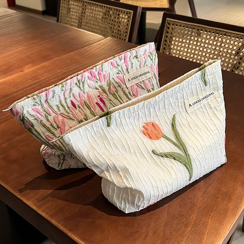 Amazon ins Fresh Flower Tulip Cosmetic Bag Travel Portable Storage Large Capacity Canvas Cosmetic Bag