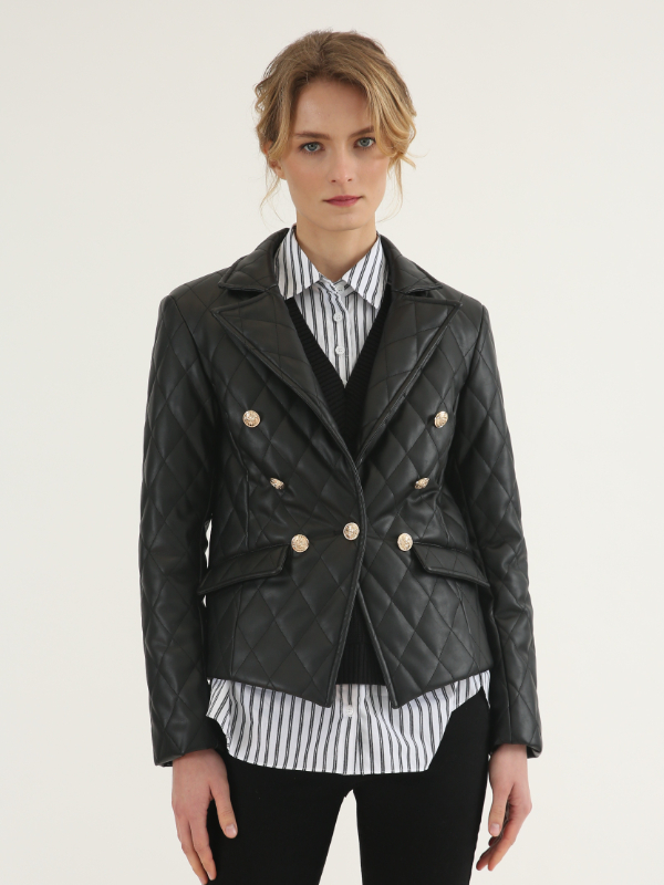 Black Notched Lapel Leather Blazer