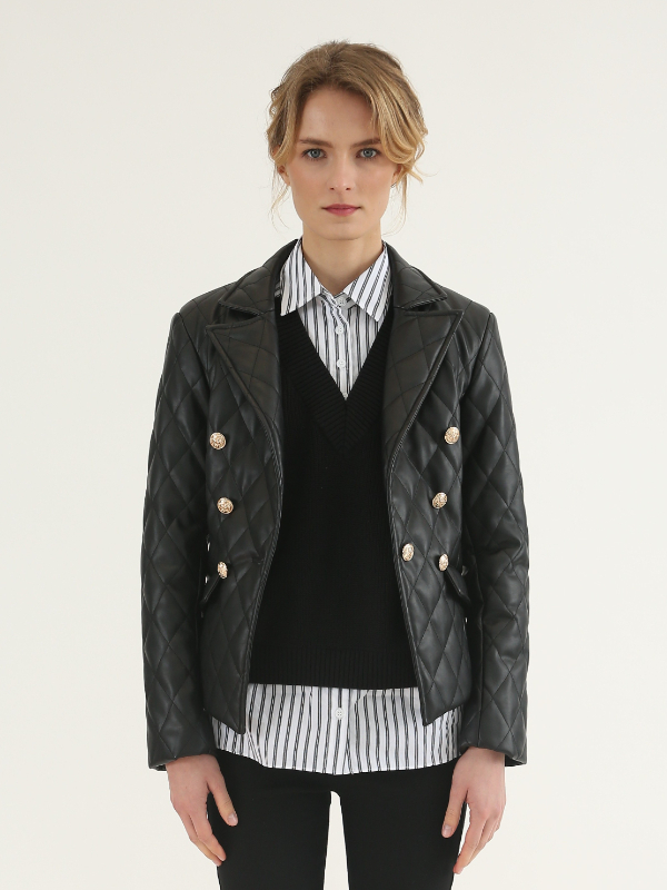 Black Notched Lapel Leather Blazer