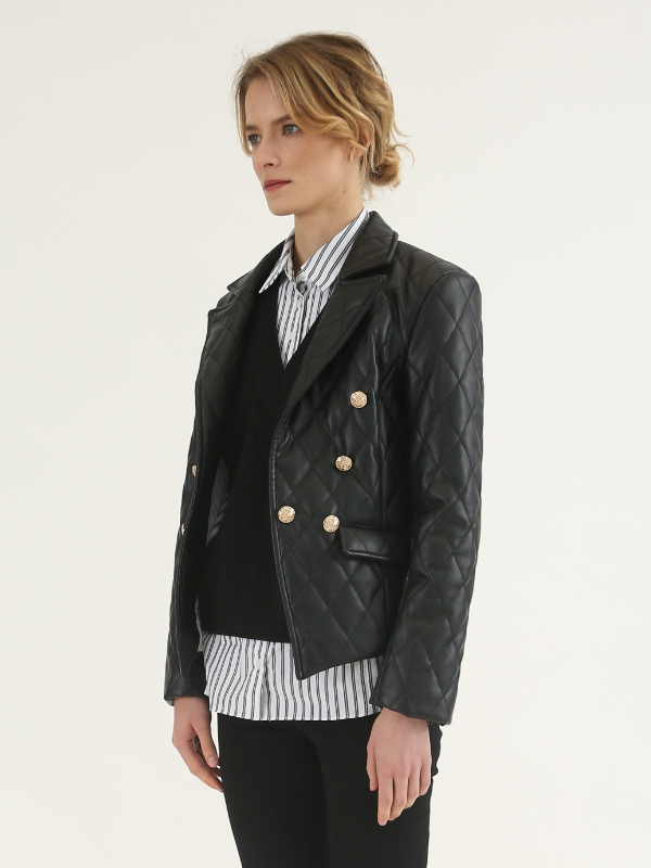 Black Notched Lapel Leather Blazer