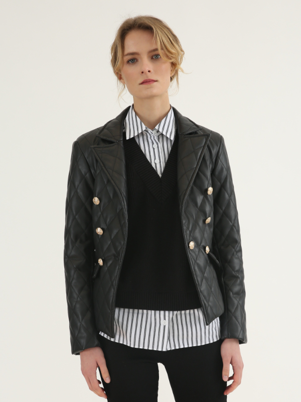 Black Notched Lapel Leather Blazer