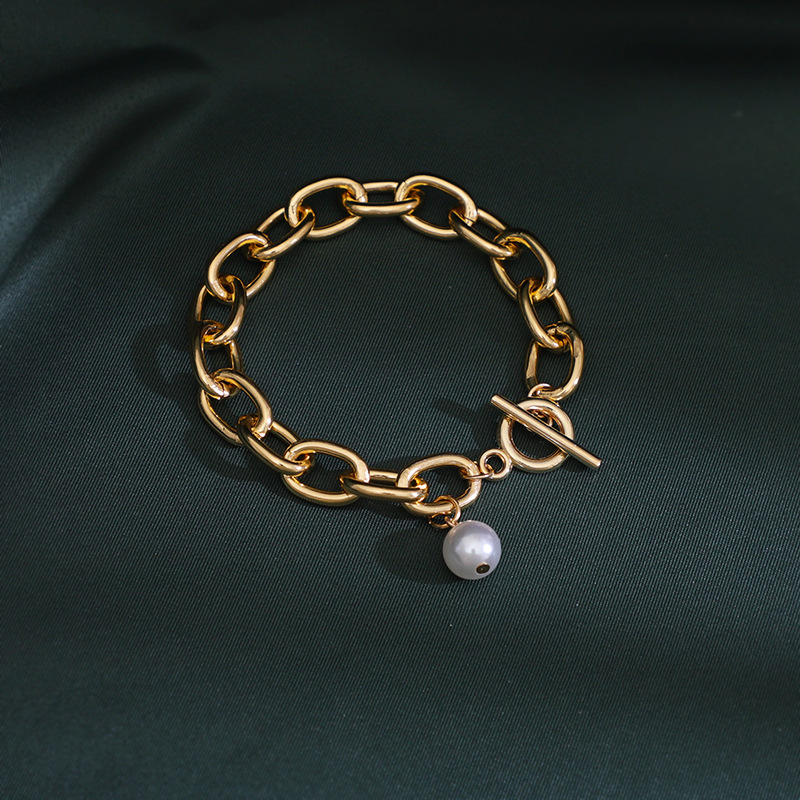 Classic fashion three-piece set exaggerated personality bracelet retro OT buckle imitation pearl Cuban bracelet