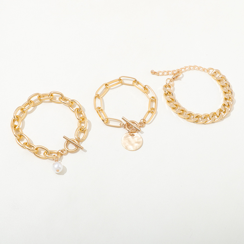 Classic fashion three-piece set exaggerated personality bracelet retro OT buckle imitation pearl Cuban bracelet